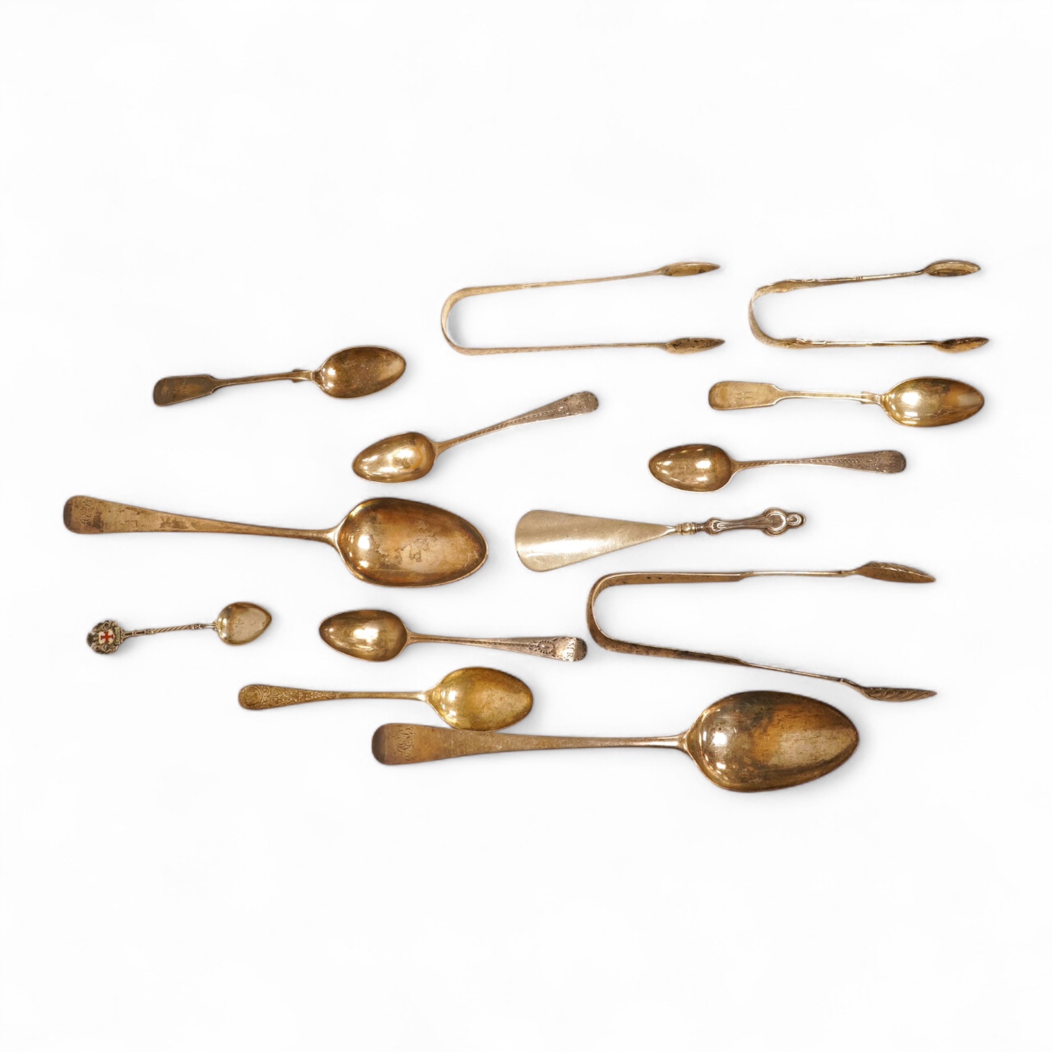 A small quantity of assorted 18th and later silver flatware, including two George III Old English pattern table spoons 11.6oz.